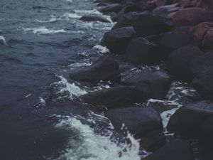 Preview wallpaper stones, water, sea, rocks, dark