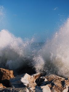 Preview wallpaper stones, water, splash, wave, sea, shore