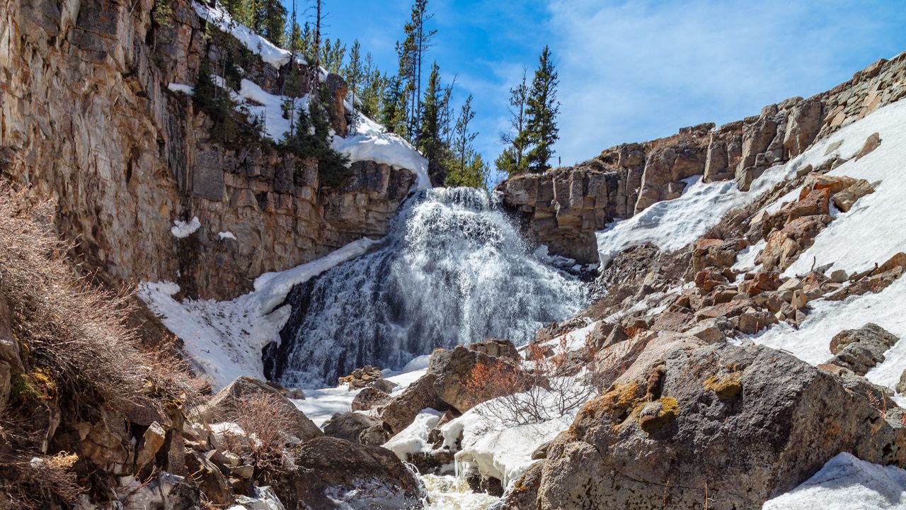 Wallpaper stones, waterfall, ice, snow, nature