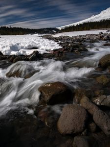 Preview wallpaper stones, waterfall, stream, trees, snow