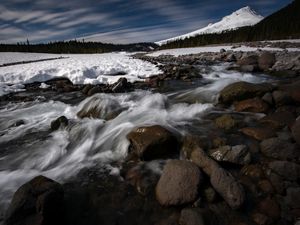 Preview wallpaper stones, waterfall, stream, trees, snow