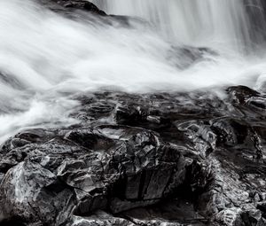 Preview wallpaper stones, waterfall, water, nature, bw