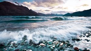 Preview wallpaper stones, waves, sea, mountains, foam