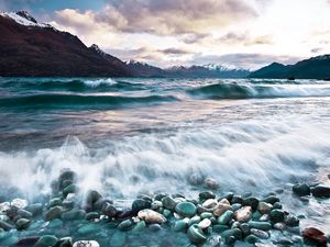 Preview wallpaper stones, waves, sea, mountains, foam