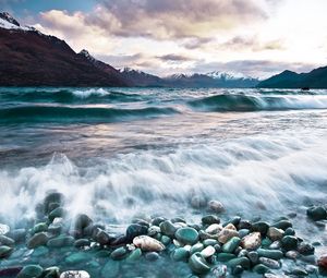 Preview wallpaper stones, waves, sea, mountains, foam