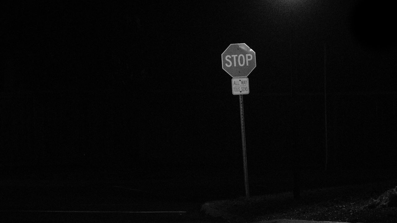 Wallpaper stop, sign, road, night, black and white