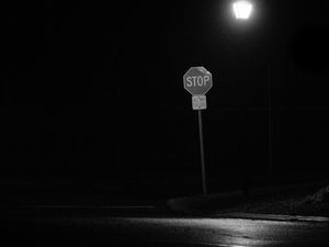Preview wallpaper stop, sign, road, night, black and white