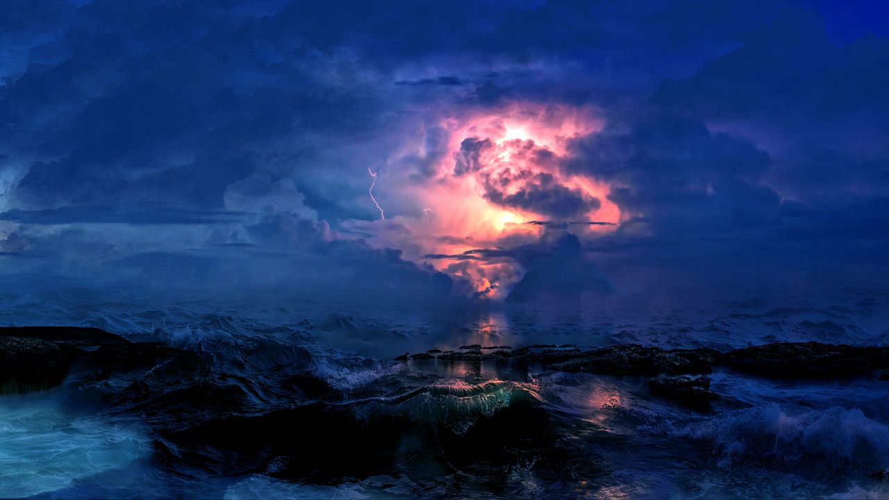 Wallpaper storm, sea, clouds, lightning, waves, overcast