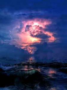 Preview wallpaper storm, sea, clouds, lightning, waves, overcast