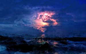 Preview wallpaper storm, sea, clouds, lightning, waves, overcast