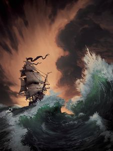 Preview wallpaper storm, ship, sea, waves, art