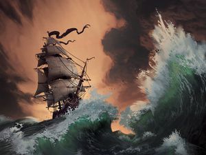 Preview wallpaper storm, ship, sea, waves, art