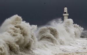 Preview wallpaper storm, tempest, lighthouse, sky, birds, waves