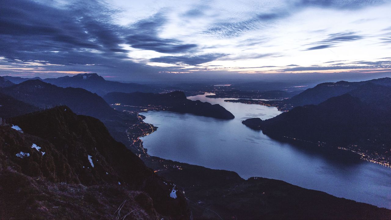 Wallpaper strait, bay, coast, islands, aerial view, evening