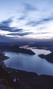 Preview wallpaper strait, bay, coast, islands, aerial view, evening