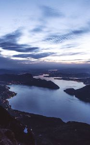 Preview wallpaper strait, bay, coast, islands, aerial view, evening