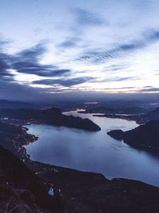 Preview wallpaper strait, bay, coast, islands, aerial view, evening