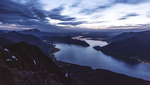 Preview wallpaper strait, bay, coast, islands, aerial view, evening