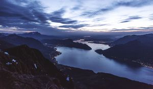 Preview wallpaper strait, bay, coast, islands, aerial view, evening