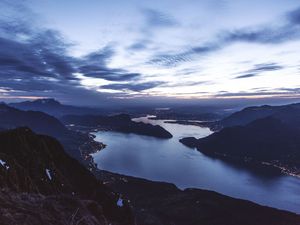 Preview wallpaper strait, bay, coast, islands, aerial view, evening