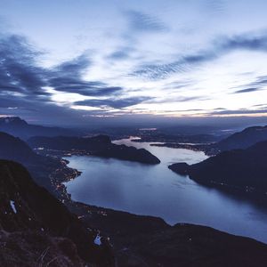 Preview wallpaper strait, bay, coast, islands, aerial view, evening