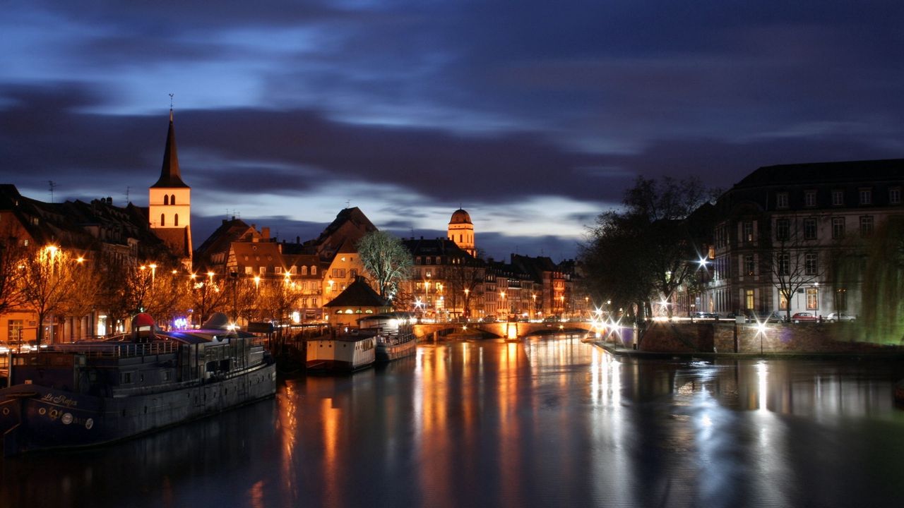 Wallpaper strasbourg, france, river, buildings, night