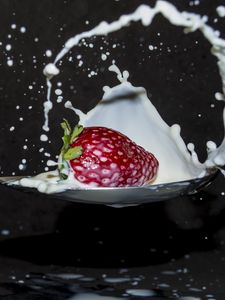 Preview wallpaper strawberries, berries, milk, splashes, macro