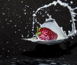Preview wallpaper strawberries, berries, milk, splashes, macro
