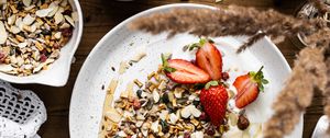 Preview wallpaper strawberries, berries, muesli, plate, breakfast, aesthetics