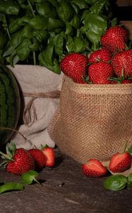 Preview wallpaper strawberries, berries, red, ripe, leaves, bag