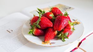 Preview wallpaper strawberries, berries, red, plate, book