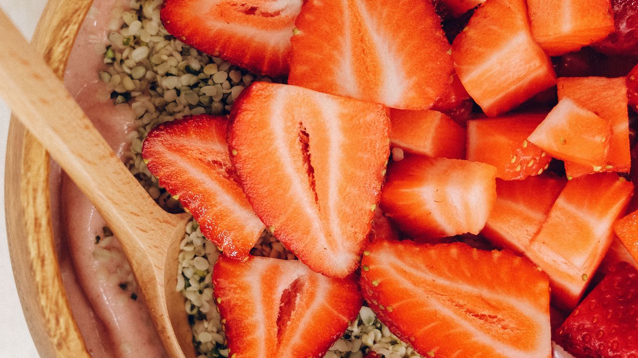 Wallpaper strawberries, berries, wedges, nuts, bowl, dessert
