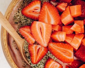 Preview wallpaper strawberries, berries, wedges, nuts, bowl, dessert