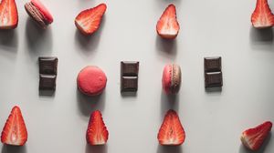 Preview wallpaper strawberries, chocolate, macarons, berries, dessert