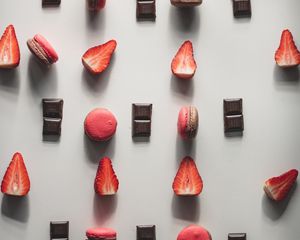 Preview wallpaper strawberries, chocolate, macarons, berries, dessert