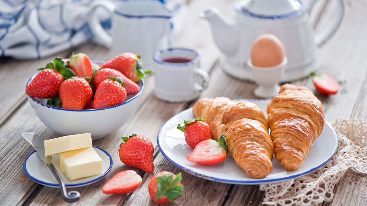 Wallpaper strawberries, croissants, butter, egg, breakfast, dishes