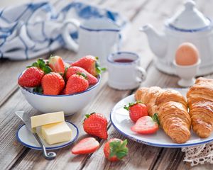 Preview wallpaper strawberries, croissants, butter, egg, breakfast, dishes