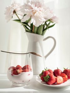 Preview wallpaper strawberries, dessert, peonies, flowers