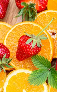 Preview wallpaper strawberries, orange, fruits, berry, slices