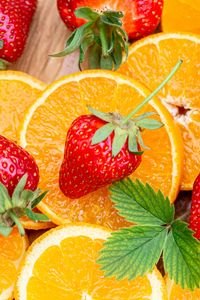 Preview wallpaper strawberries, orange, fruits, berry, slices