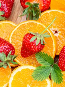Preview wallpaper strawberries, orange, fruits, berry, slices