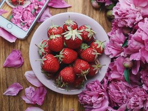 Preview wallpaper strawberries, peonies, flowers, phone