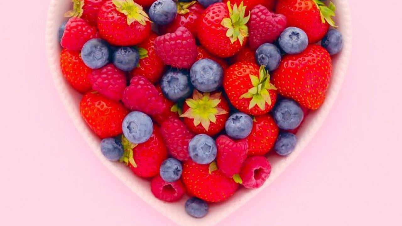 Wallpaper strawberries, raspberries, blueberries, berries, bowl