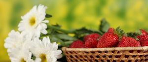 Preview wallpaper strawberry, basket, berries, flowers