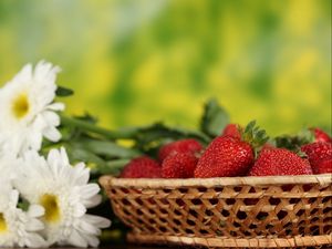 Preview wallpaper strawberry, basket, berries, flowers