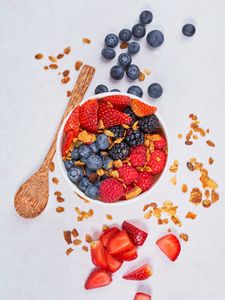 Preview wallpaper strawberry, blueberry, blackberry, berries, cereal, bowl