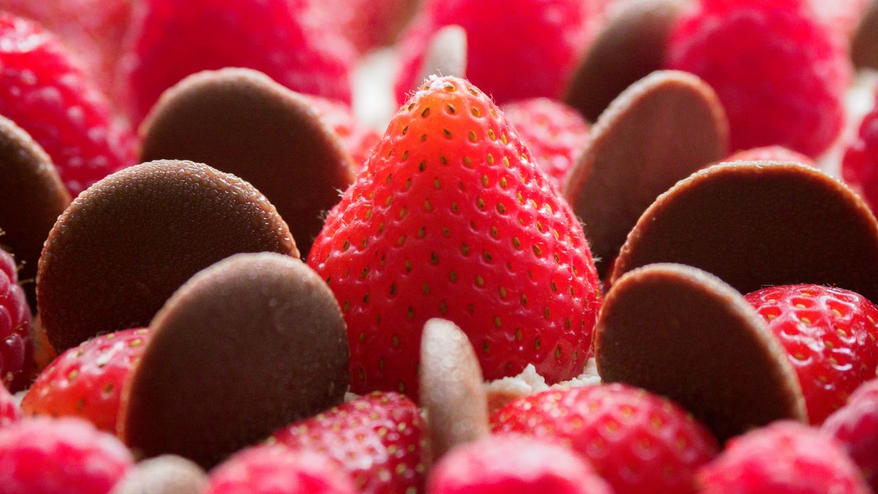 Wallpaper strawberry, chocolate, dessert, berries, red