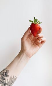 Preview wallpaper strawberry, hand, tattoo, white