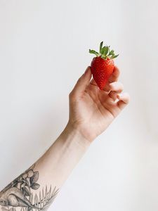 Preview wallpaper strawberry, hand, tattoo, white