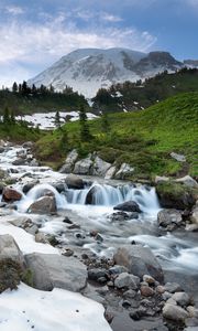 Preview wallpaper stream, cascade, stones, grass, mountains